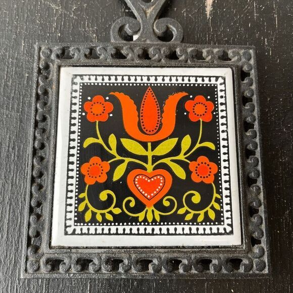 Vintage Cherry Japan Cast Iron Trivet with Enamel Folk Art Tile - Picture 2 of 8